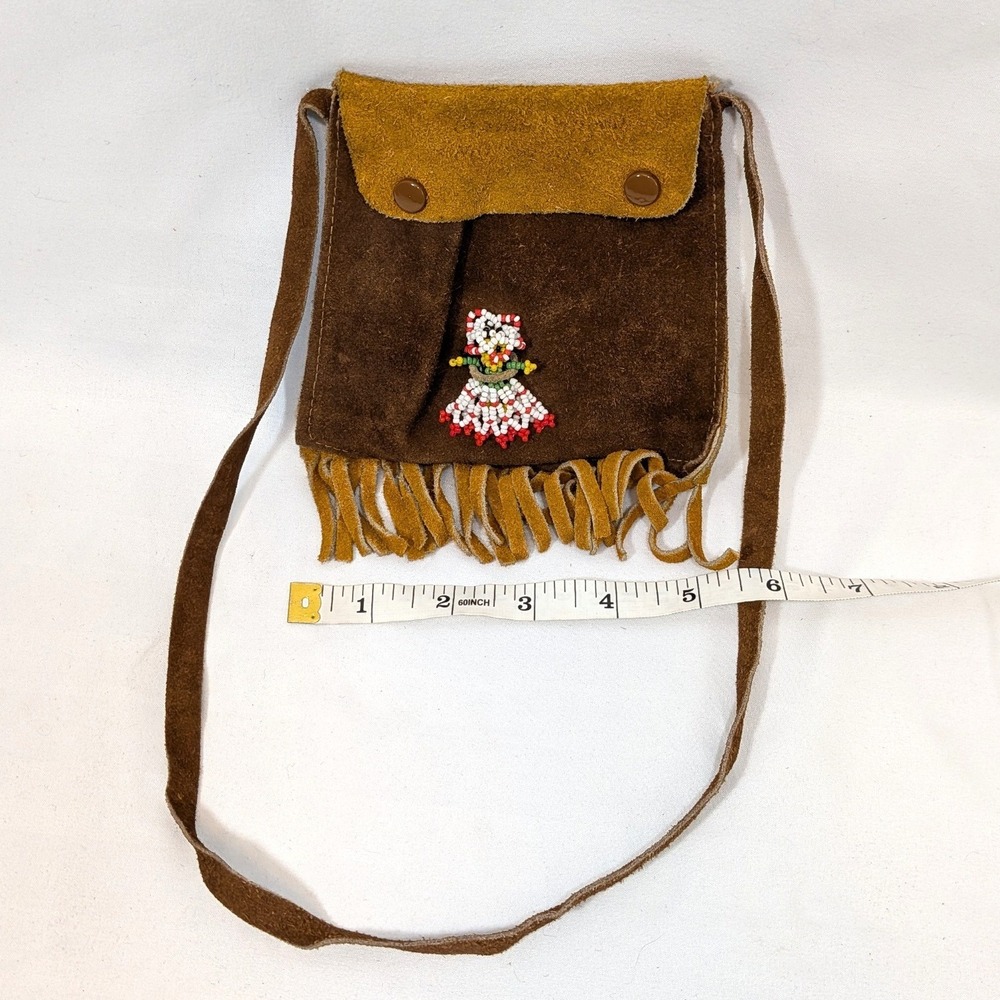 Native American Suede Bag; Beaded Figure & Fringe Detail; Medicine Bag